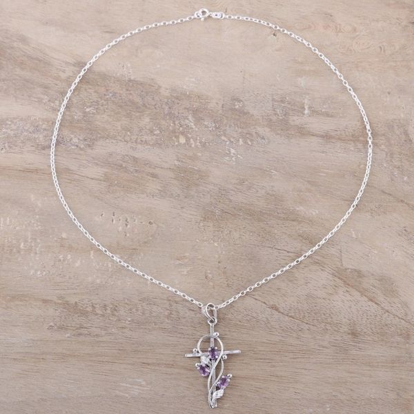 Alternate image for Rhodium Plated Amethyst Cross Pendant Necklace Sacred Trinity