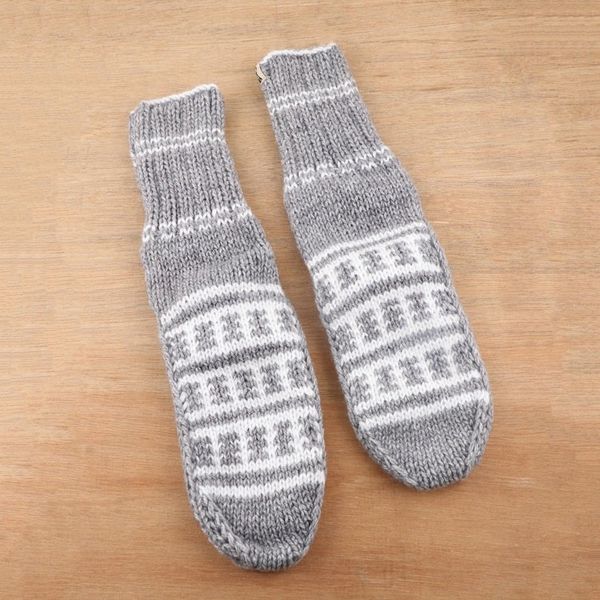 Alternate image for Fair Trade Hand-Knit Thick Slipper Style Grey  White Socks Himalayan Stars