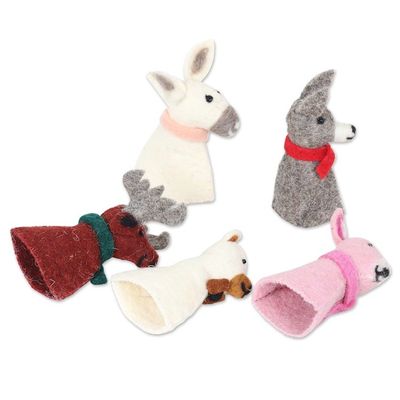 Alternate image for 5 Wool Felt Farm Animal Bottle Toppers Handmade in India Barnyard Holiday