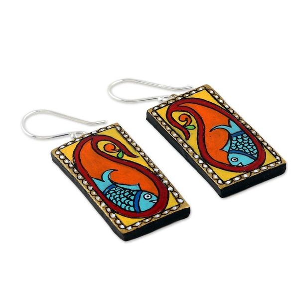 Alternate image for Painted Paisley Ceramic Dangle Earrings with Fish Motifs Paisley Fish