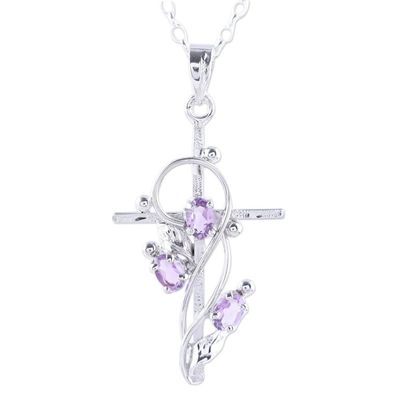 Alternate image for Rhodium Plated Amethyst Cross Pendant Necklace Sacred Trinity