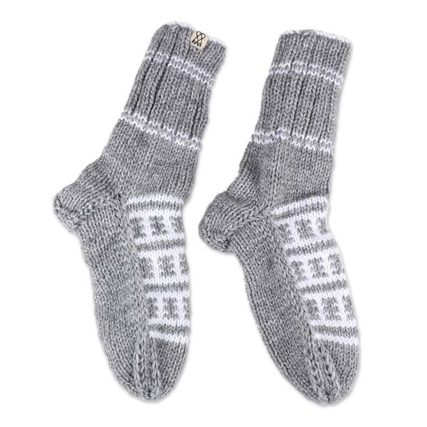 Alternate image for Fair Trade Hand-Knit Thick Slipper Style Grey  White Socks Himalayan Stars