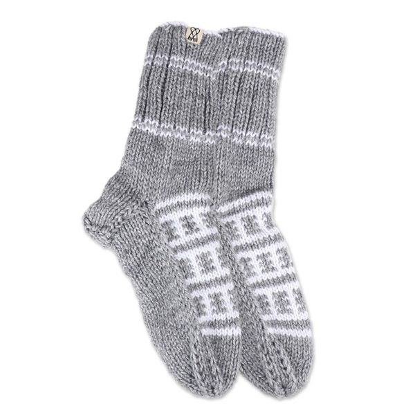Alternate image for Fair Trade Hand-Knit Thick Slipper Style Grey  White Socks Himalayan Stars