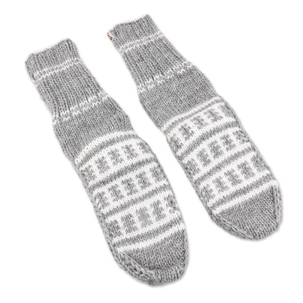 Alternate image for Fair Trade Hand-Knit Thick Slipper Style Grey  White Socks Himalayan Stars