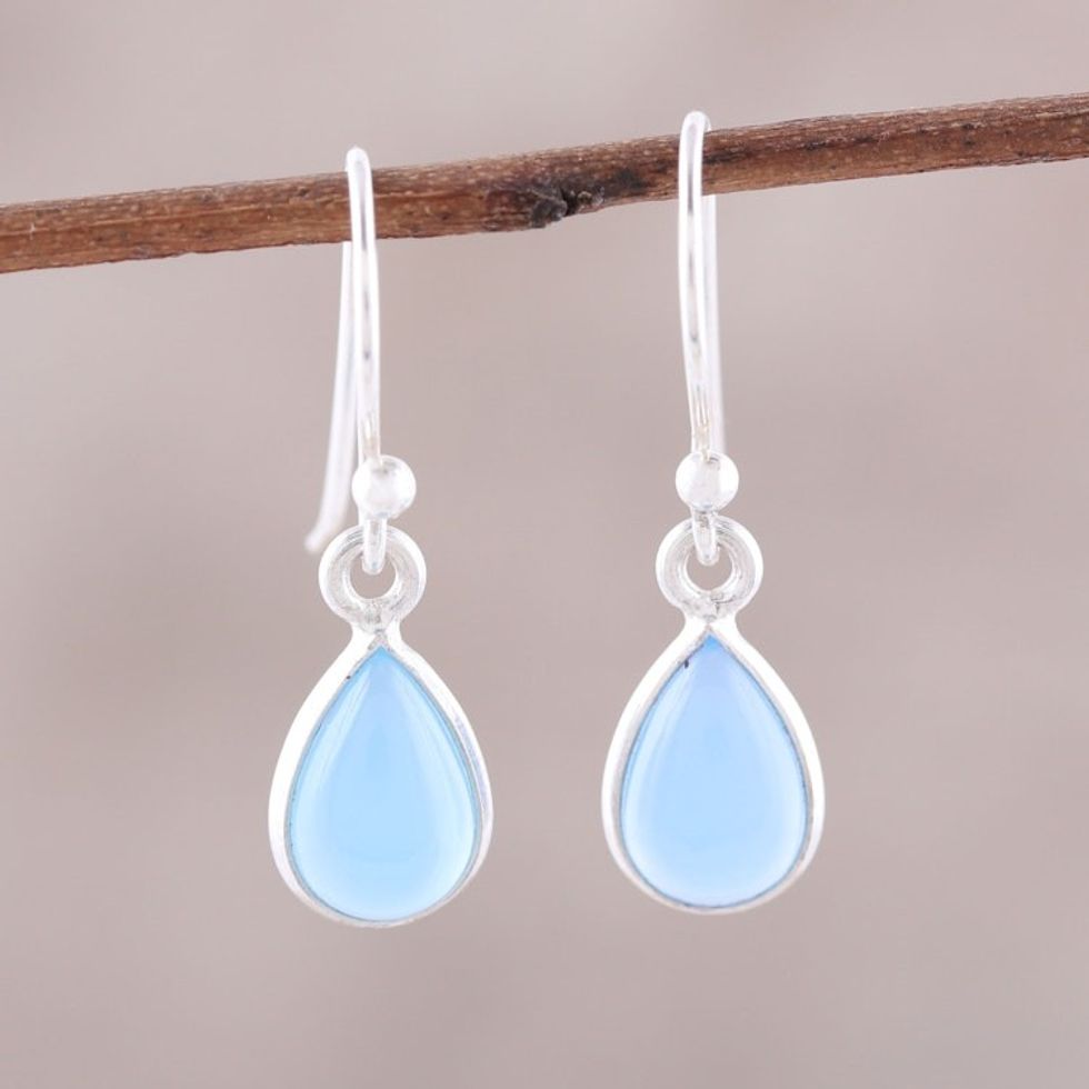 Blue Chalcedony and Sterling Silver Teardrop Dangle Earrings 'Gentle Tear'