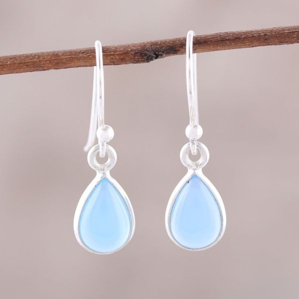 Alternate image for Blue Chalcedony and Sterling Silver Teardrop Dangle Earrings Gentle Tear
