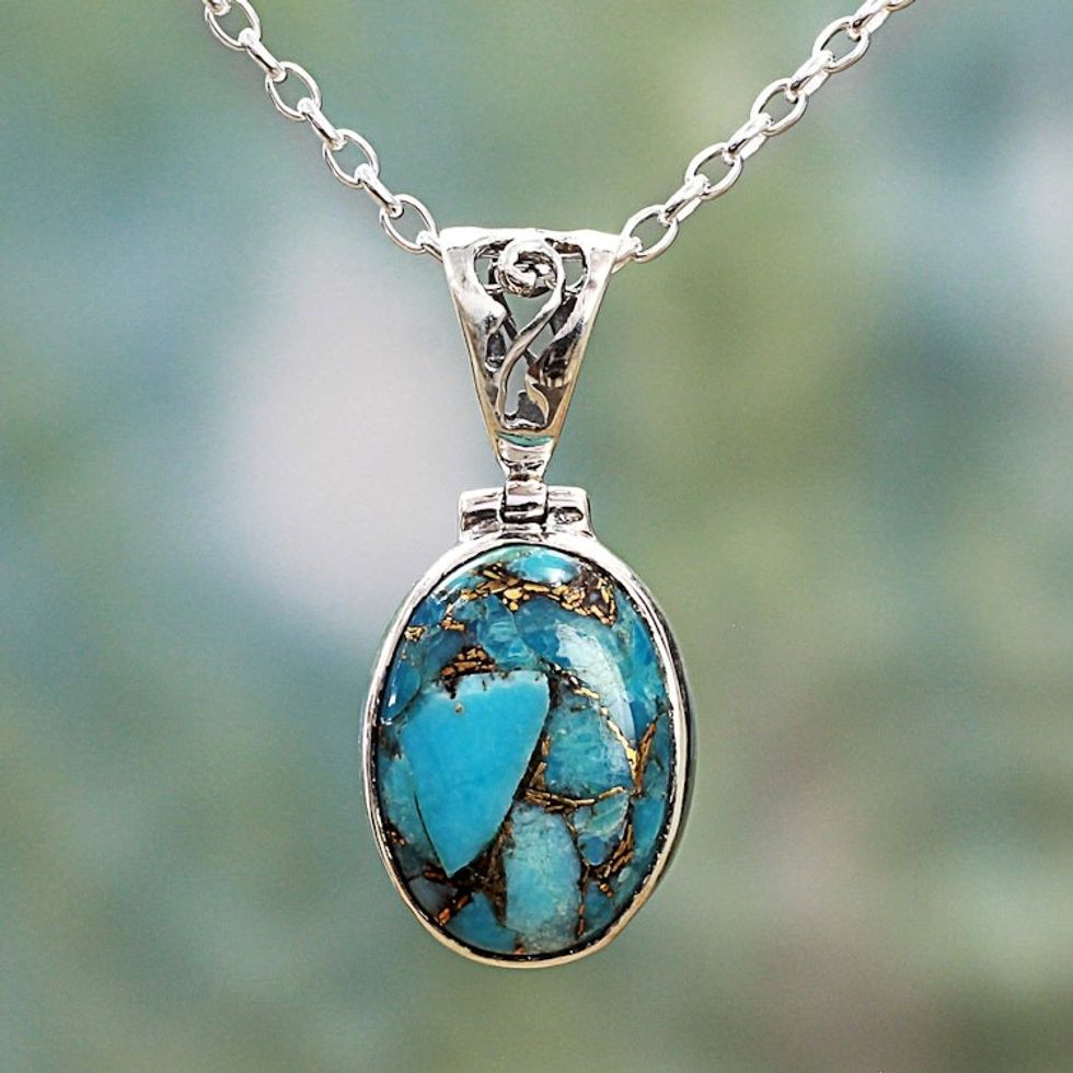 Blue Turquoise Sterling Silver Pendant Necklace India 'Mystical Blue'