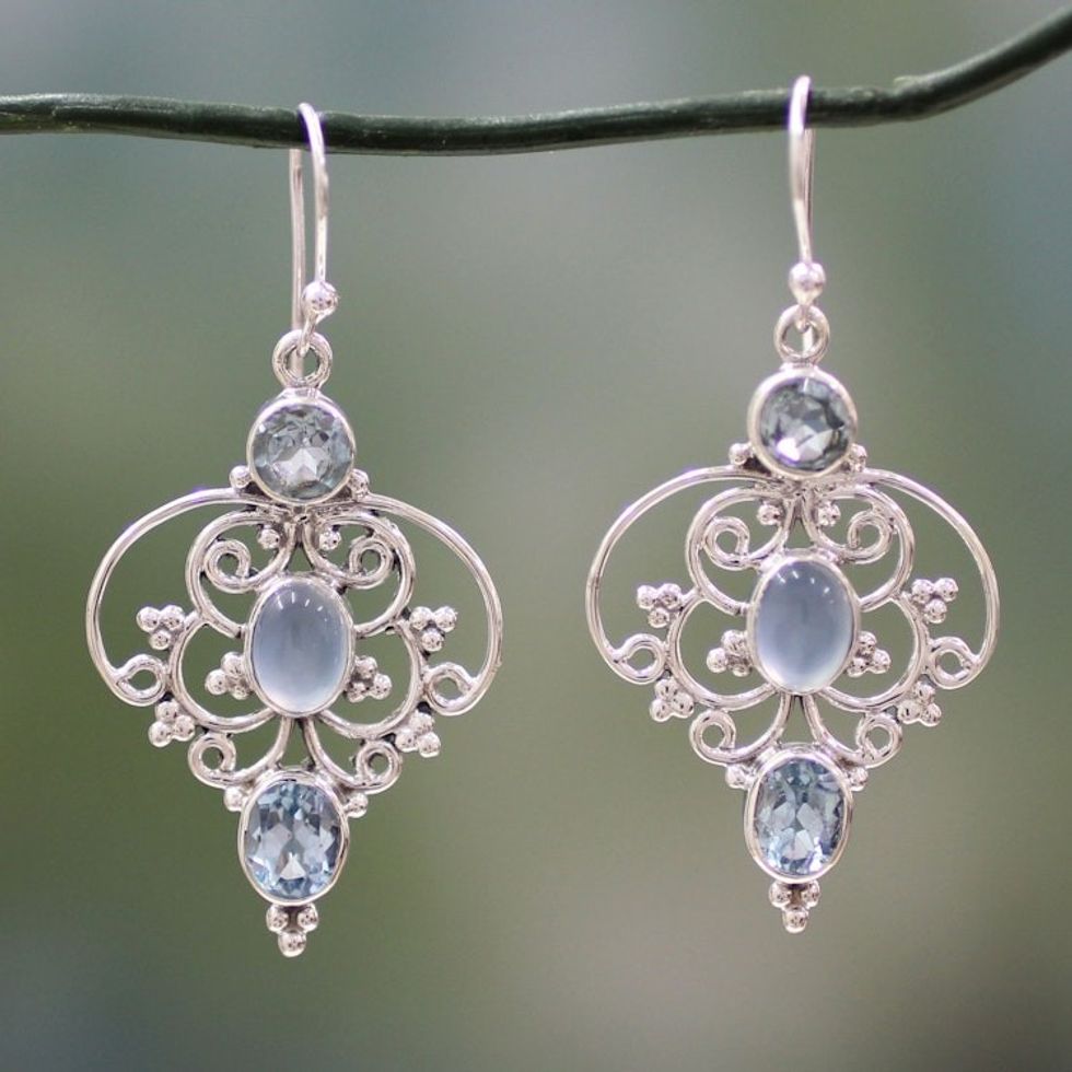 Artisan Crafted Blue Topaz Dangle Earrings with Chalcedony 'Blue Arabesque'