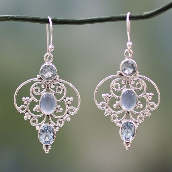 Alternate image for Artisan Crafted Blue Topaz Dangle Earrings with Chalcedony Blue Arabesque