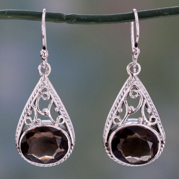 Alternate image for Dangle Style Earrings with Smoky Quartz and 925 Silver Misty Romance