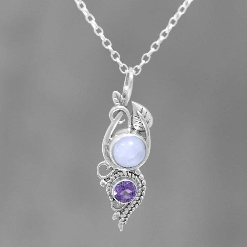 Leafy Rainbow Moonstone and Amethyst Pendant Necklace 'Misty Elegance'