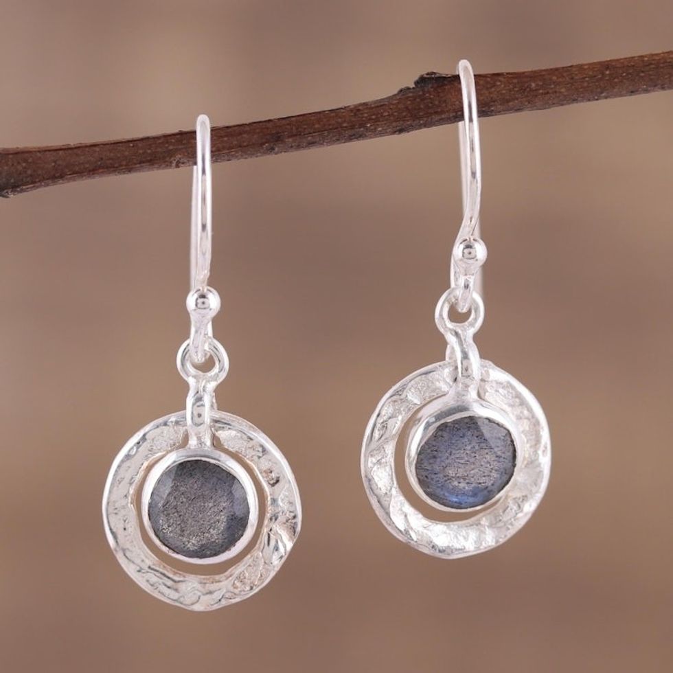 Sterling Silver and Labradorite Round Dangle Earrings 'Dusky Charm'