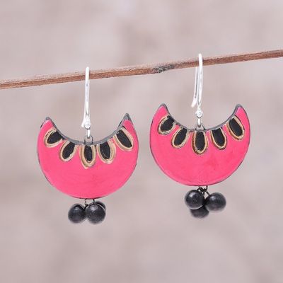 Alternate image for Pink and Black Crescent Moon Ceramic Dangle Earrings Pink Crescent