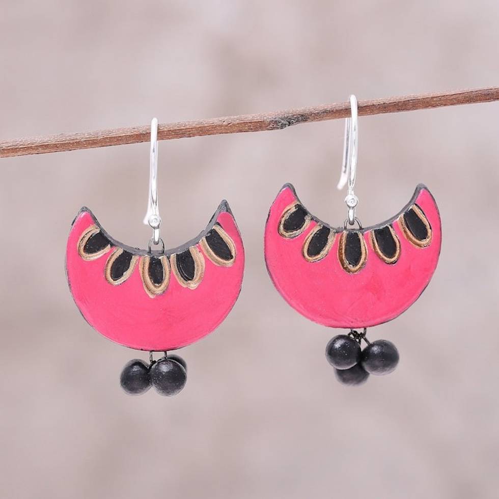 Pink and Black Crescent Moon Ceramic Dangle Earrings 'Pink Crescent'