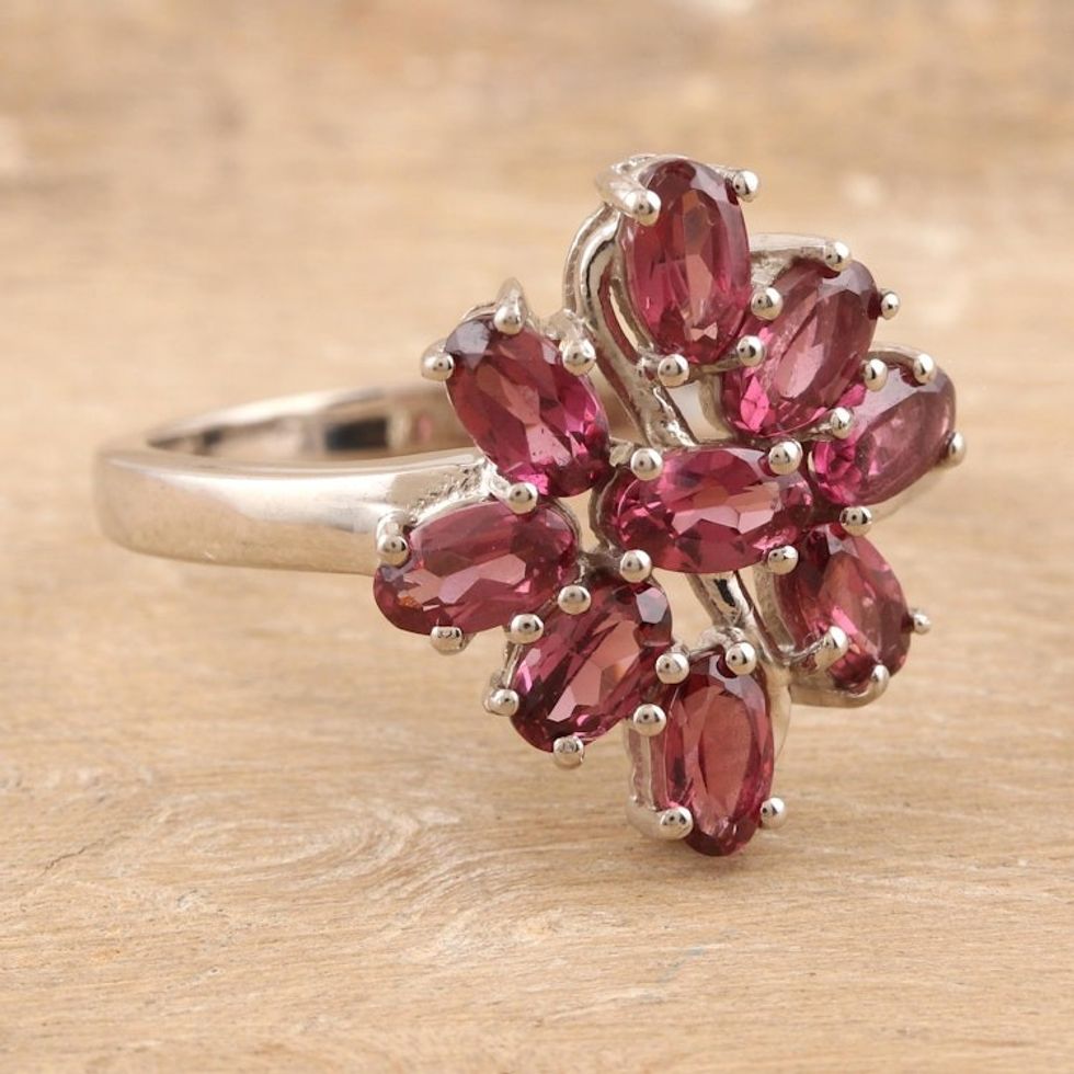 Handmade Garnet and Sterling Silver Cocktail Ring 'Unfurling Flower'