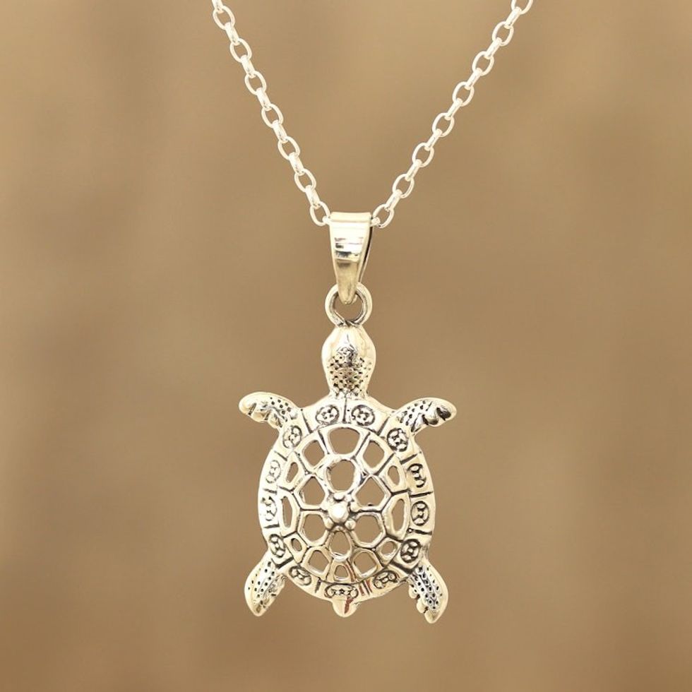 Sterling Silver Turtle Pendant Necklace from India 'Harmonious Turtle'