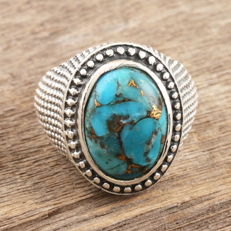 Sterling Silver and Reconstituted Turquoise Men's Dome Ring 'Turquoise Swirl'