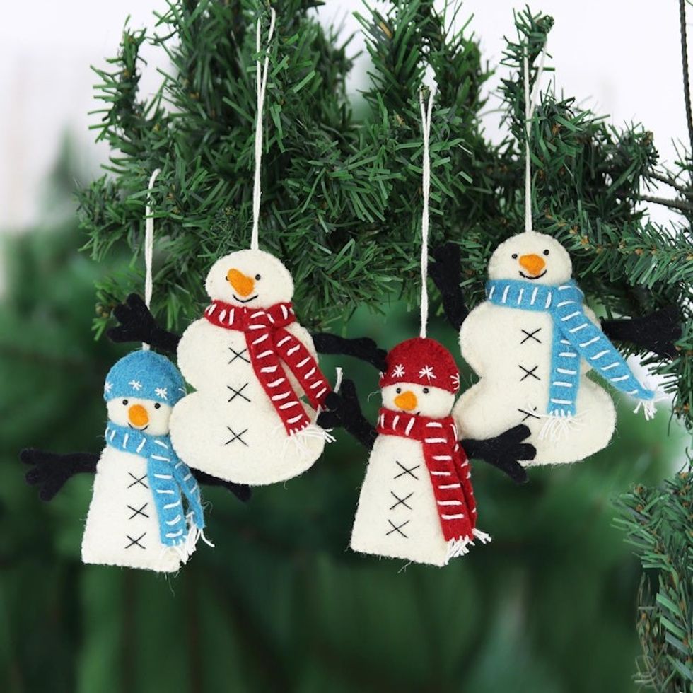 Hand Made Felted Snowman Christmas Tree Ornaments Set of 4 'Snowman Greetings'