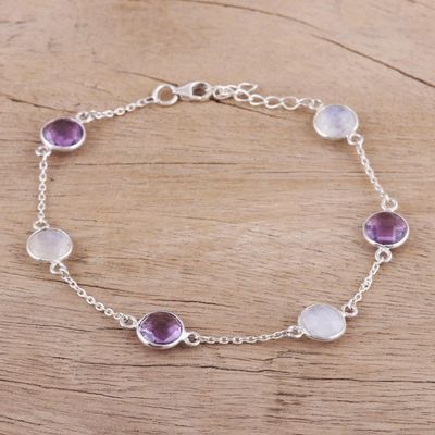 Alternate image for Rainbow Moonstone and Amethyst Sterling Silver Link Bracelet Eternal Opulence