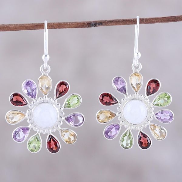 Alternate image for Gems and Rainbow Moonstone Sterling Silver Dangle Earrings Rainbow Rays