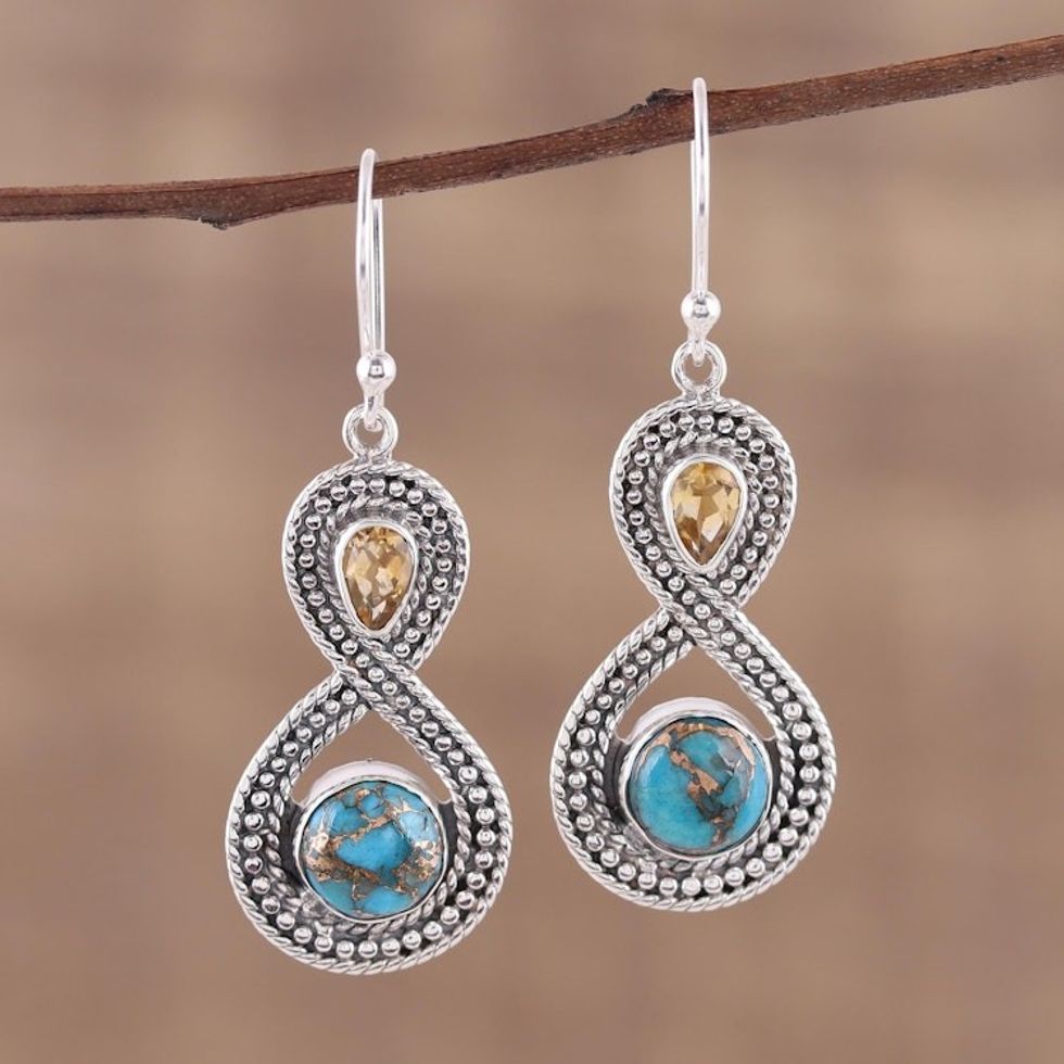 Indian Citrine and Composite Turquoise Dangle Earrings 'Dazzling Infinity'