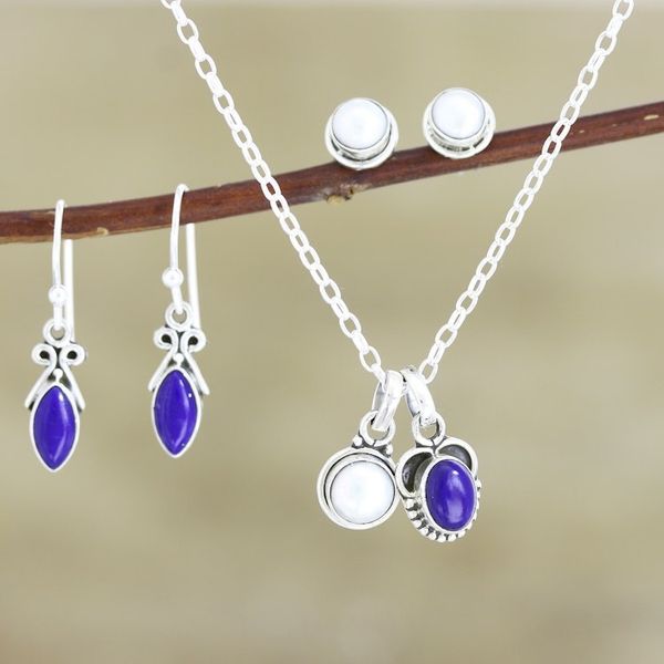 Alternate image for Handmade Cultured Pearl and Lapis Lazuli Jewelry Set Ocean Treasure