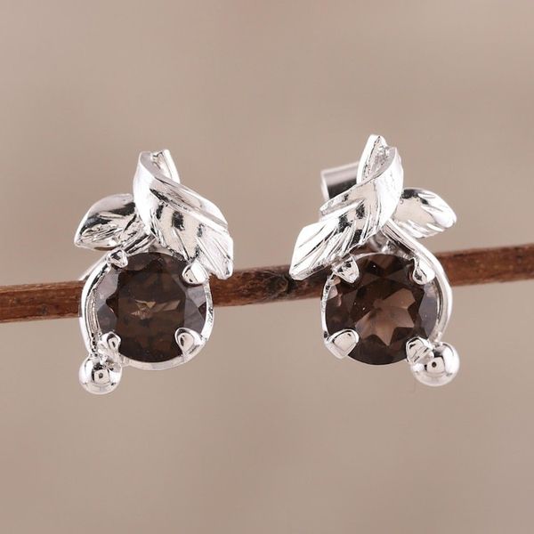 Alternate image for Rhodium Plated Sterling Silver Smoky Quartz Stud Earrings Nature Leaf