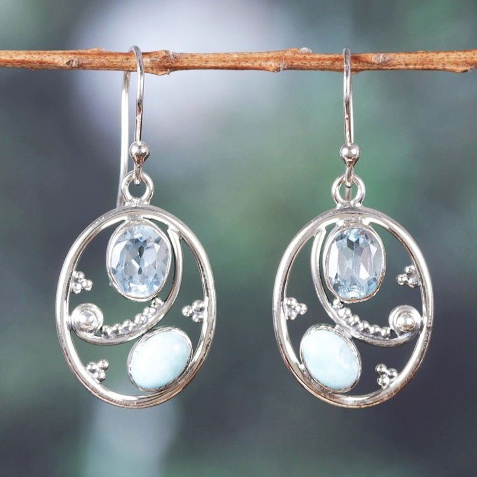 Oval Dangle Earrings with Blue Topaz and Larimar Gems 'Heaven's Mirror'