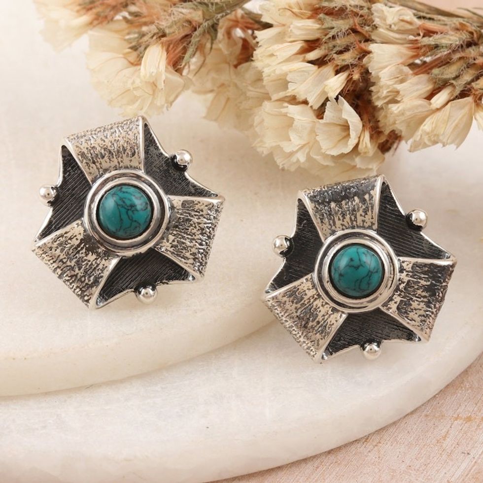 Geometric Sterling Silver Button Earrings Crafted in India 'Empress Soul'