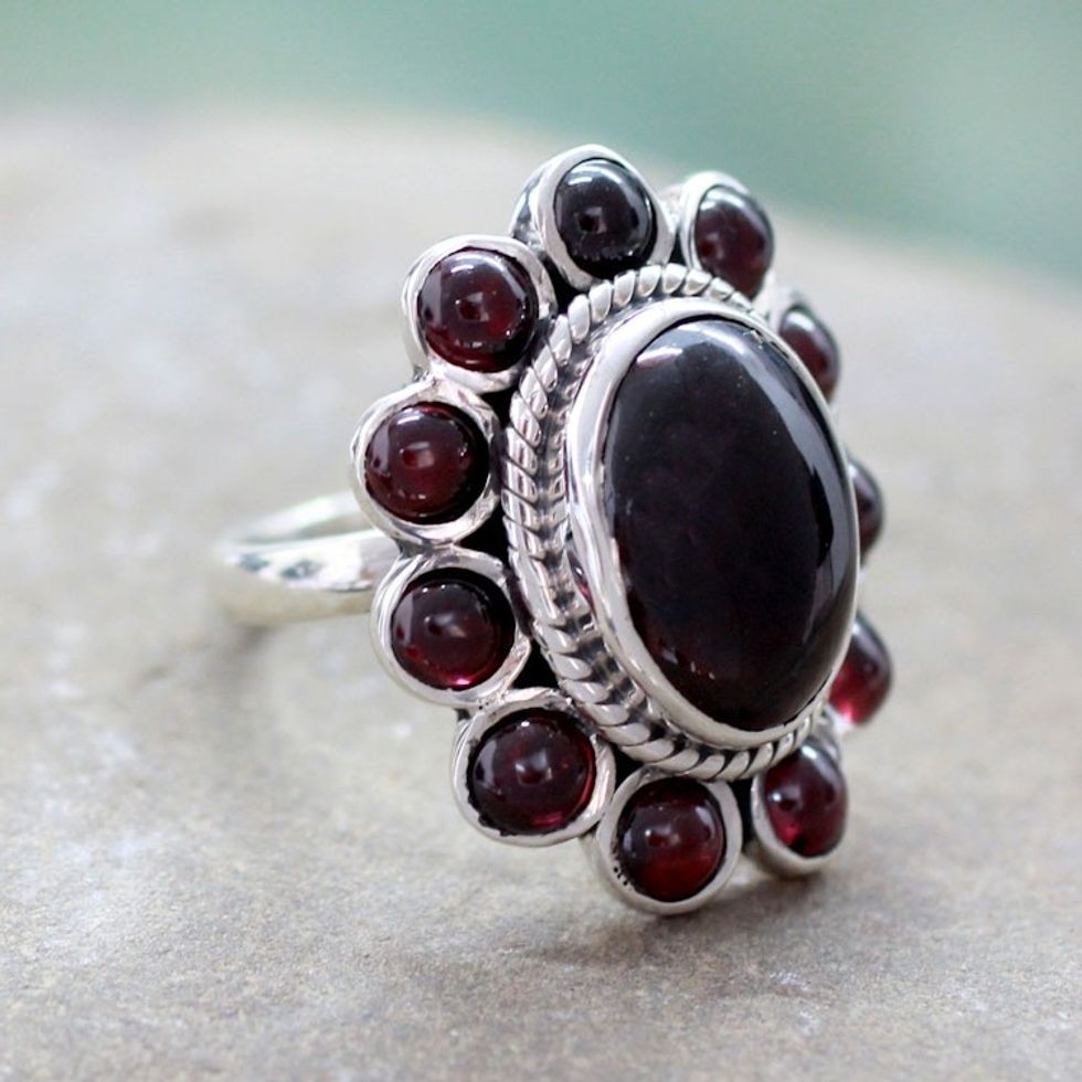 Floral Jewelry Sterling Silver and Garnet Ring 'Scarlet Petals'