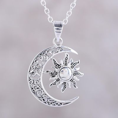 Alternate image for Sun and Crescent Moon Sterling Silver Pendant Necklace Celestial Duo