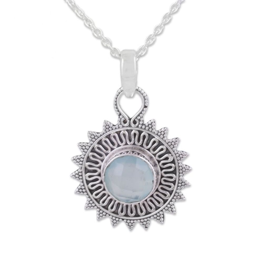 Circular Chalcedony and Silver Pendant Necklace from India 'Dreamy Corona'