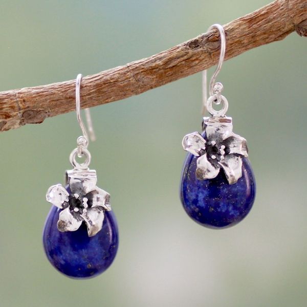 Alternate image for Lapis Lazuli Earrings Sterling Silver Floral Jewelry Lovely Lily