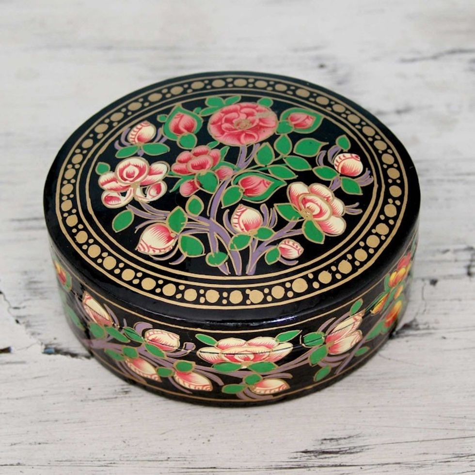 Flowers on Papier Mache Decorative Box from India 'Rose Grandeur'