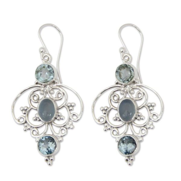 Alternate image for Artisan Crafted Blue Topaz Dangle Earrings with Chalcedony Blue Arabesque