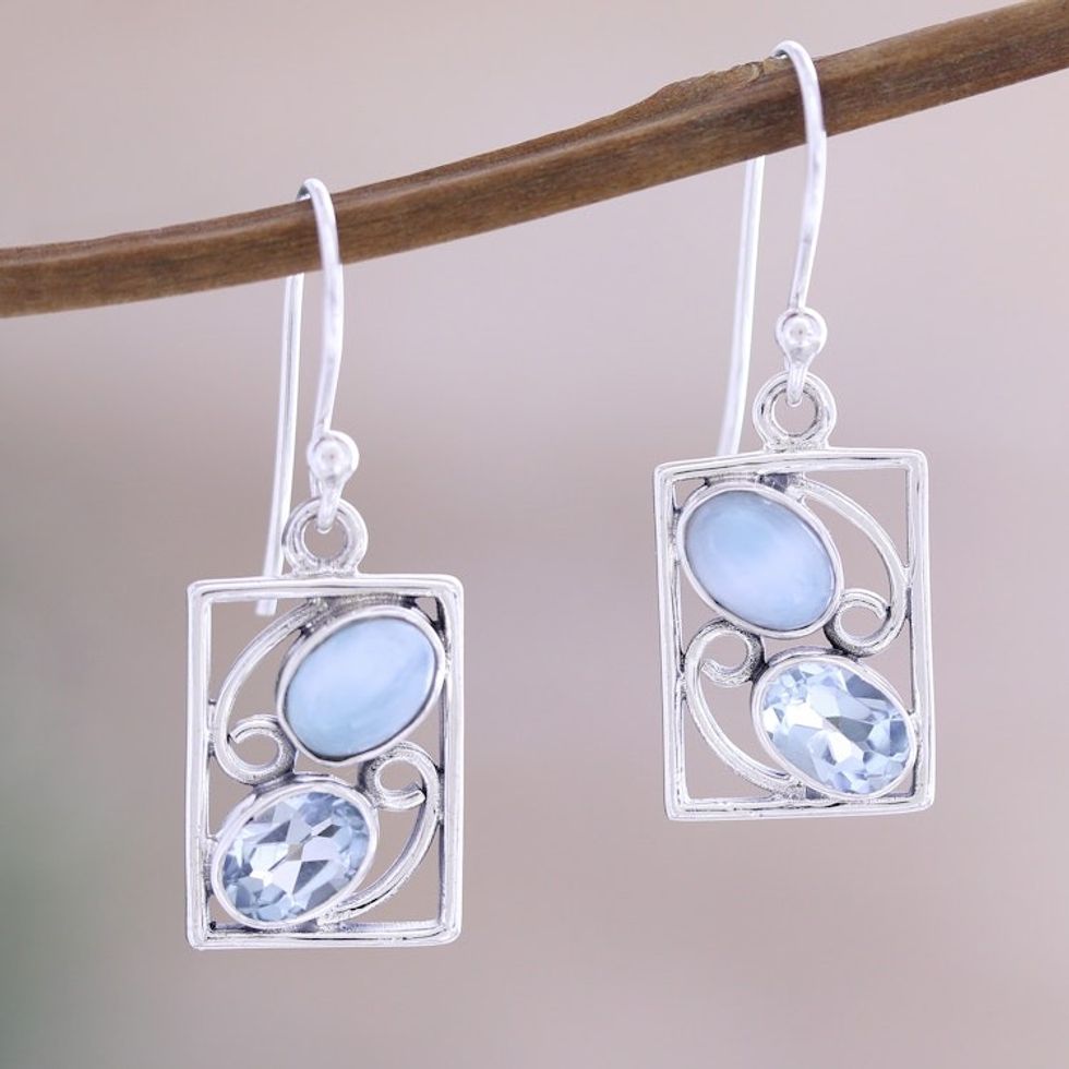 Hand Crafted Larimar and Blue Topaz Dangle Earrings 'Sweet Companions'