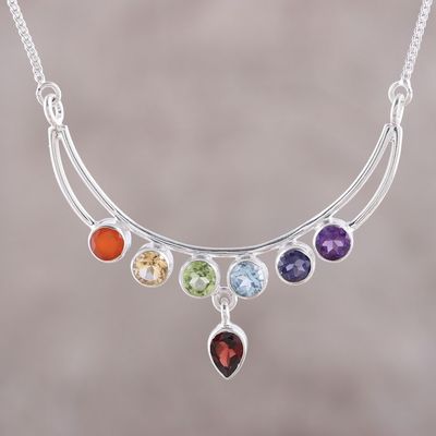 Alternate image for Handmade Sterling Silver and Multi-Gemstone Chakra Necklace Peaceful Crescent