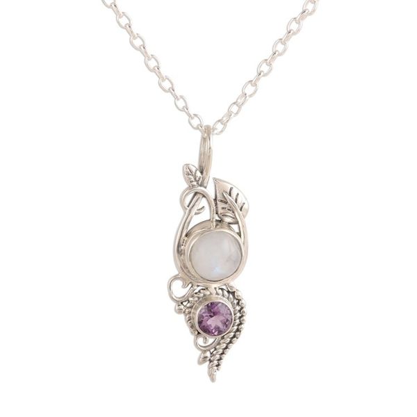Alternate image for Leafy Rainbow Moonstone and Amethyst Pendant Necklace Misty Elegance