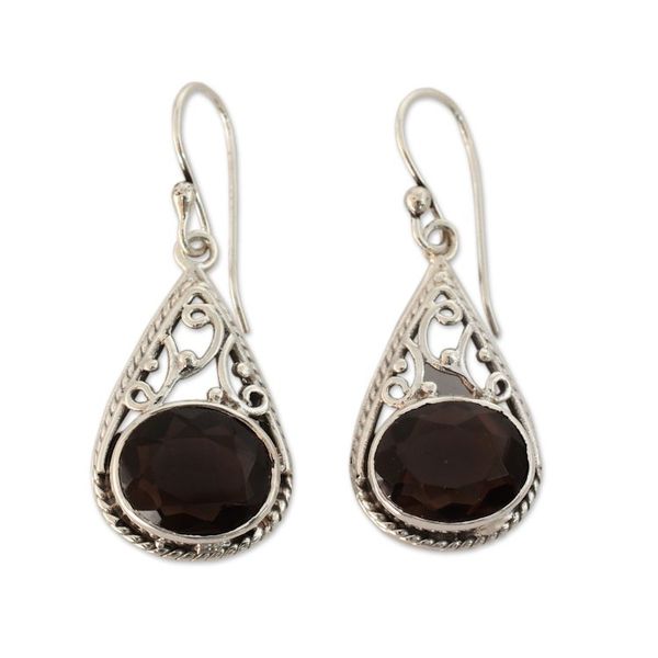 Alternate image for Dangle Style Earrings with Smoky Quartz and 925 Silver Misty Romance