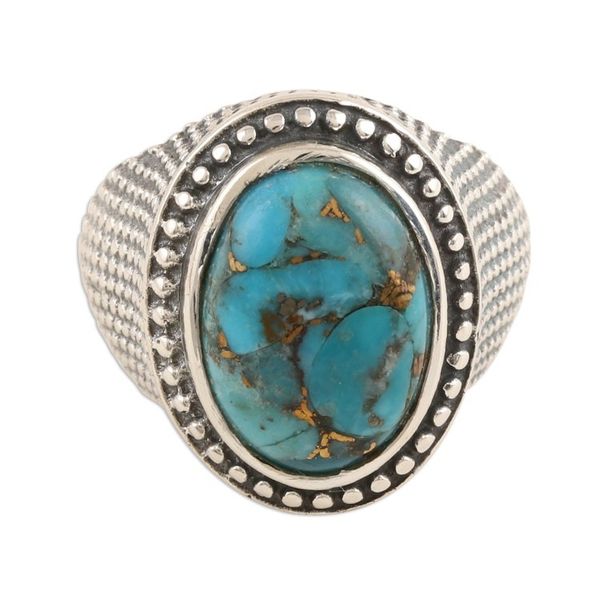 Alternate image for Sterling Silver and Reconstituted Turquoise Mens Dome Ring Turquoise Swirl