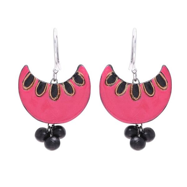 Alternate image for Pink and Black Crescent Moon Ceramic Dangle Earrings Pink Crescent