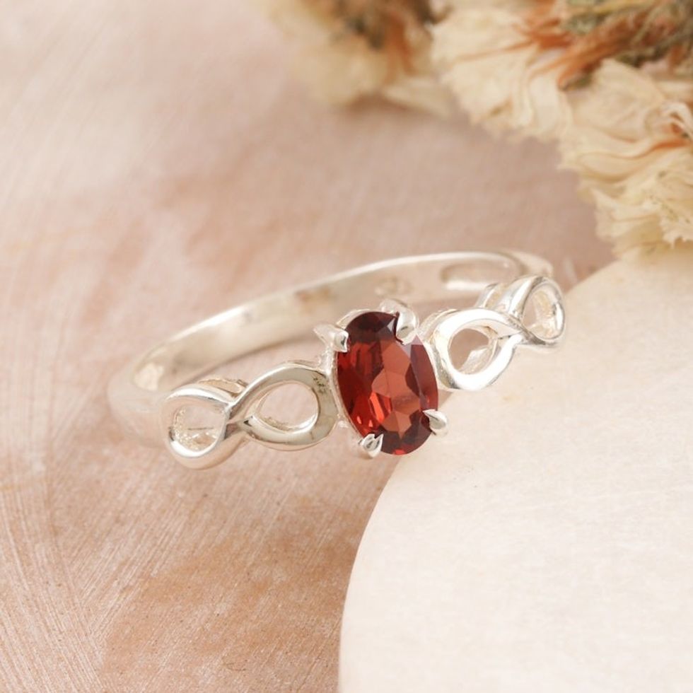 Sterling Silver Ring with Garnet Stone and Infinity Motif 'Infinity in Red'