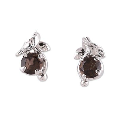 Alternate image for Rhodium Plated Sterling Silver Smoky Quartz Stud Earrings Nature Leaf