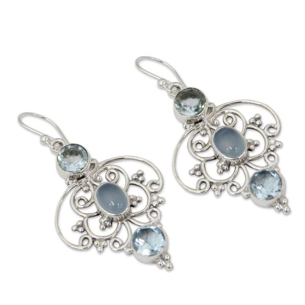 Alternate image for Artisan Crafted Blue Topaz Dangle Earrings with Chalcedony Blue Arabesque