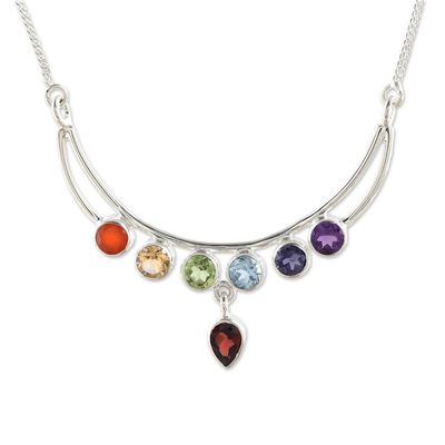 Alternate image for Handmade Sterling Silver and Multi-Gemstone Chakra Necklace Peaceful Crescent