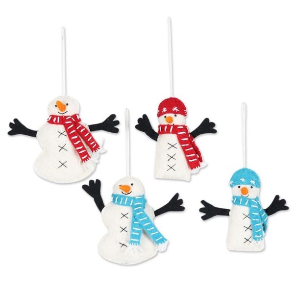 Alternate image for Hand Made Felted Snowman Christmas Tree Ornaments Set of 4 Snowman Greetings