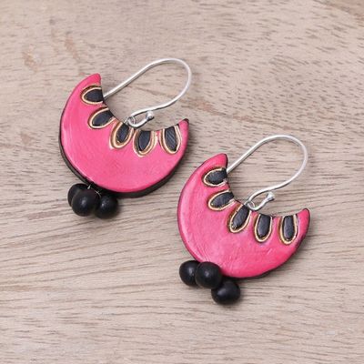 Alternate image for Pink and Black Crescent Moon Ceramic Dangle Earrings Pink Crescent
