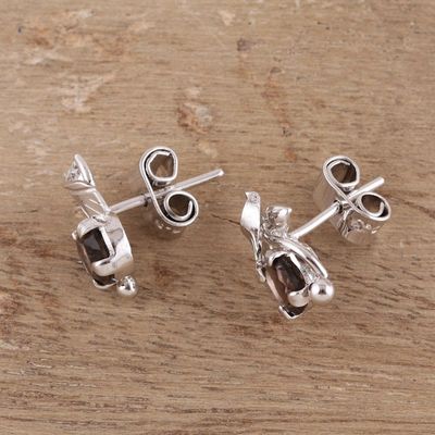 Alternate image for Rhodium Plated Sterling Silver Smoky Quartz Stud Earrings Nature Leaf
