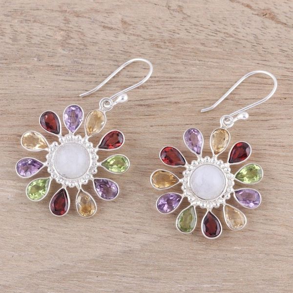Alternate image for Gems and Rainbow Moonstone Sterling Silver Dangle Earrings Rainbow Rays