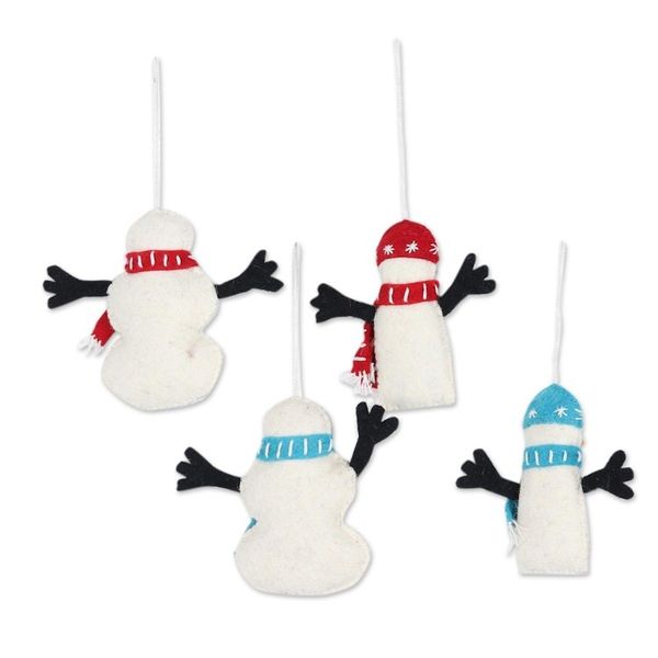 Alternate image for Hand Made Felted Snowman Christmas Tree Ornaments Set of 4 Snowman Greetings